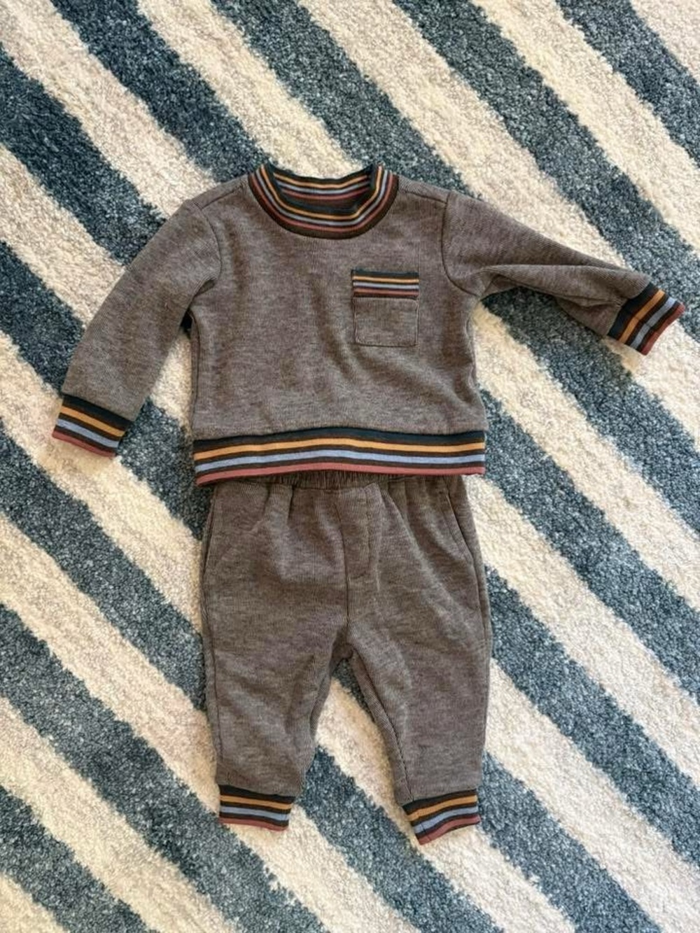 Like New Striped Trim Brown Baby Sweater Matching Set